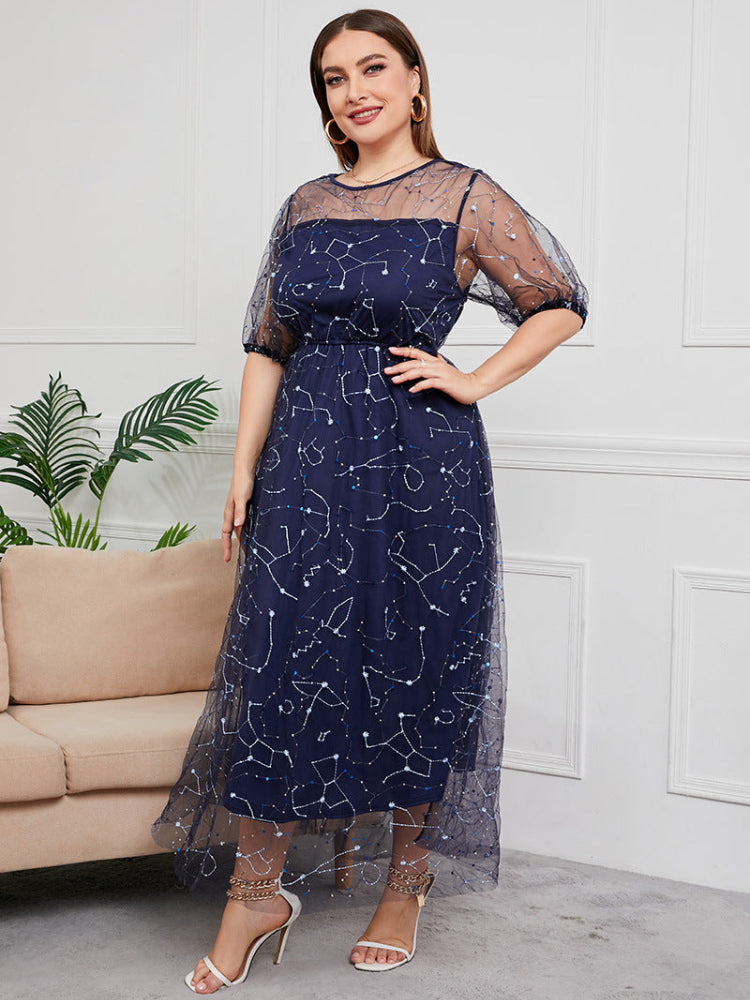 French plus size mesh embroidered dress