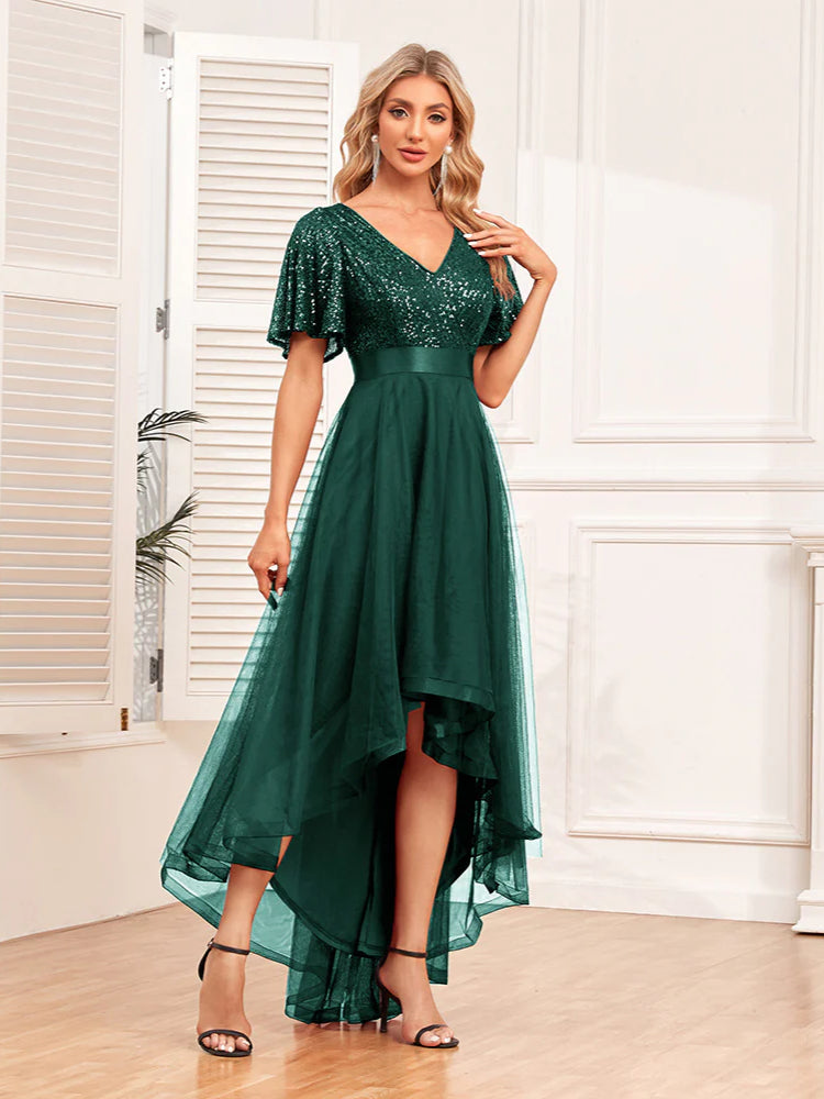 Fashion stitching V-neck irregular evening dress