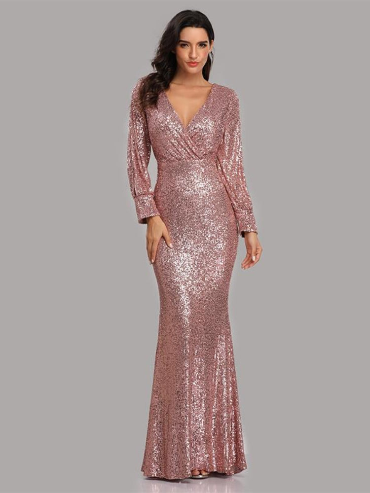 Large Size Long Sleeve V-Neck Sequined Fishtail Dress