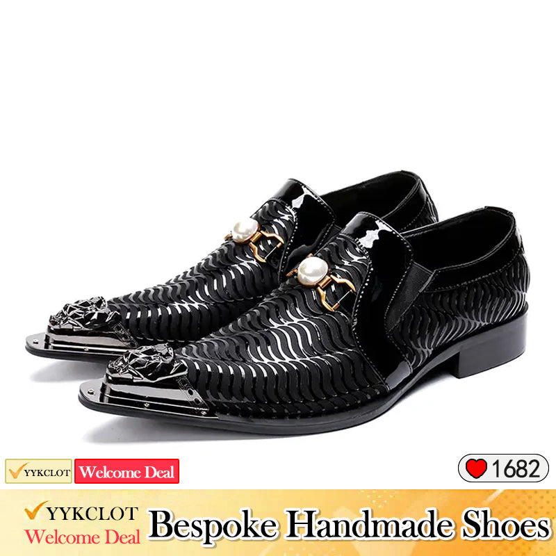 Black metal pointed shoes Men's wedding party dress shoes