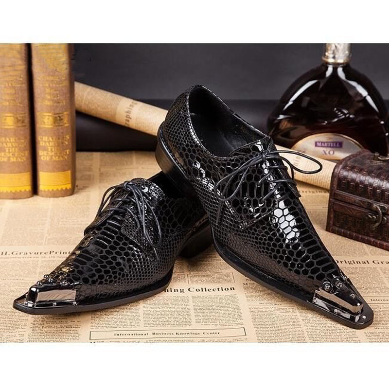 Black leather pointed lace-up men's dress shoes