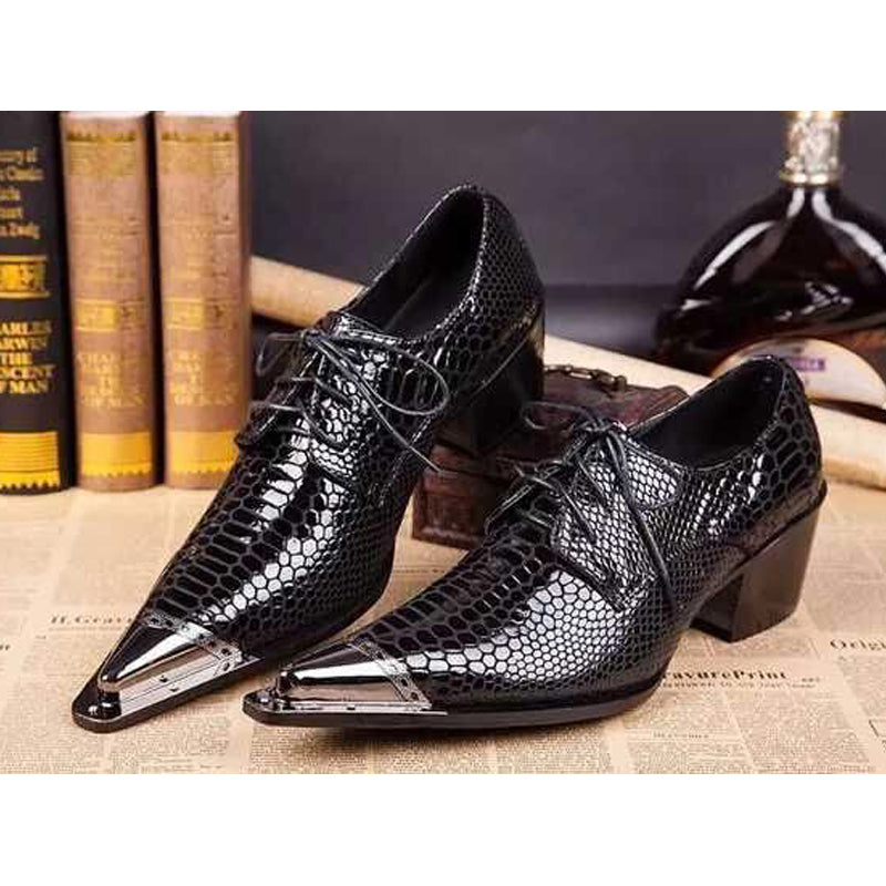 Black leather pointed lace-up men's dress shoes