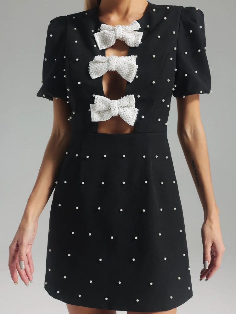 Black pearl bow hollow dress