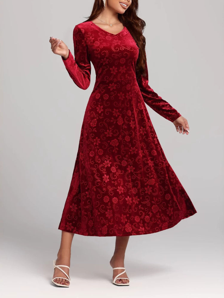 Long Sleeve V-Neck Printed Velvet Dress