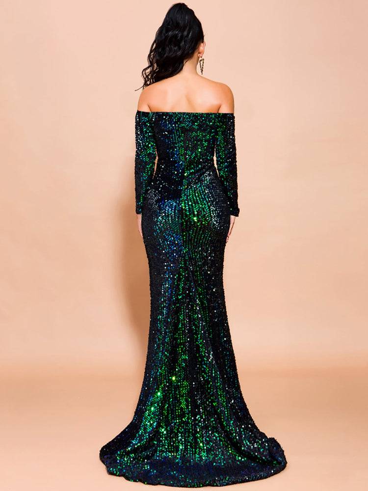 Sexy tube top one-word shoulder long-sleeved sequin dress