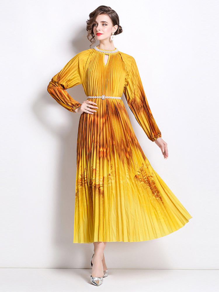 Light luxury pleated long sleeve gradual change color dress