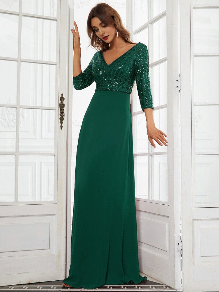 Chiffon double V-neck sequined splicing dress