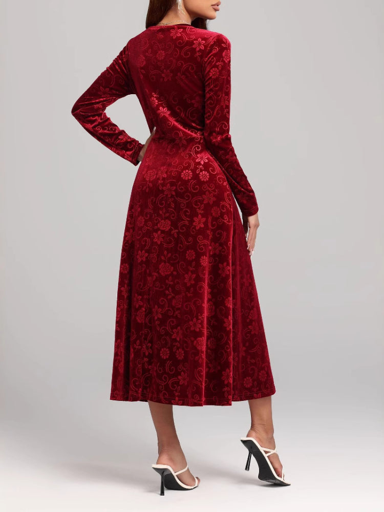 Long Sleeve V-Neck Printed Velvet Dress