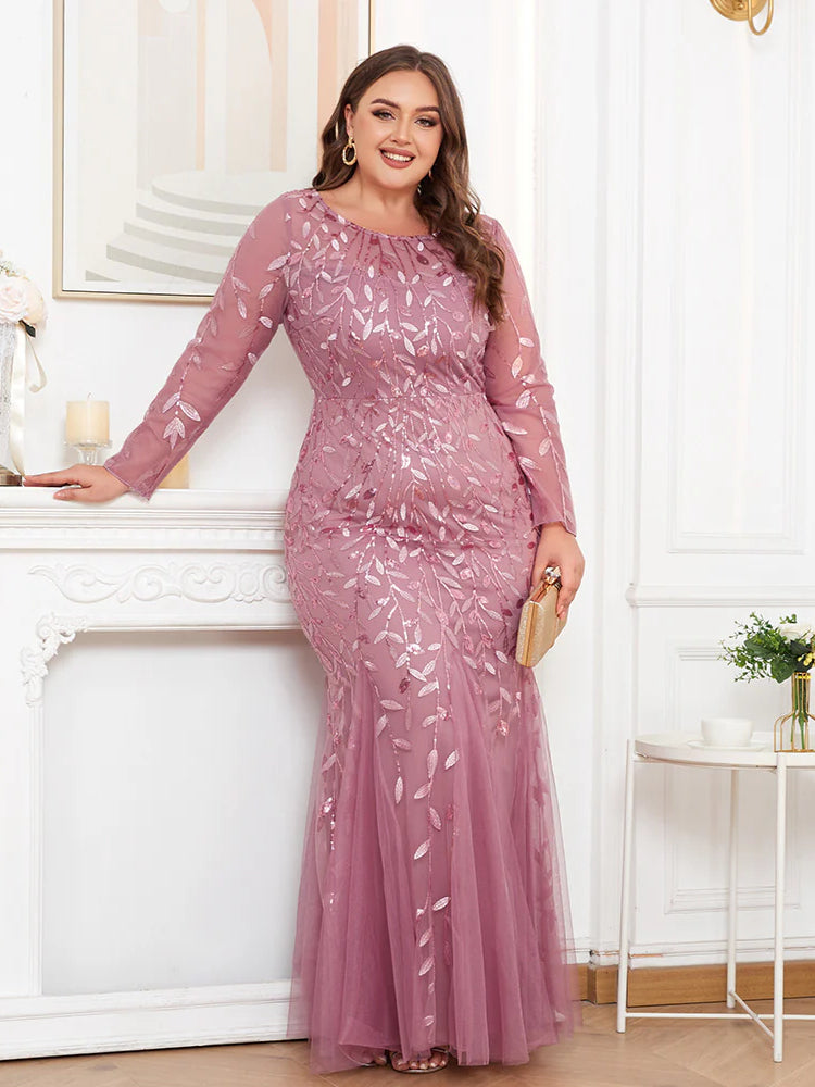 Large Size Crew Neck Embroidered Long Sleeve Fishtail Evening Dress