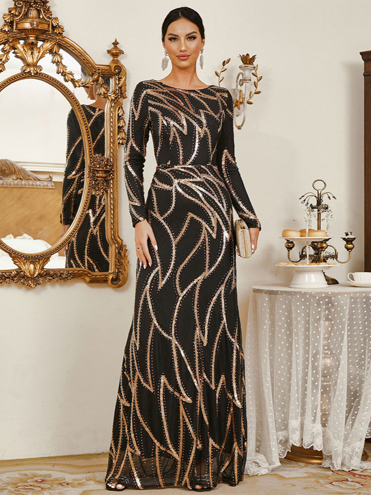 Fashion sequined long sleeved evening gown