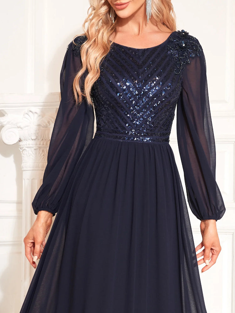 Fashion sequin temperament long-sleeved evening dress