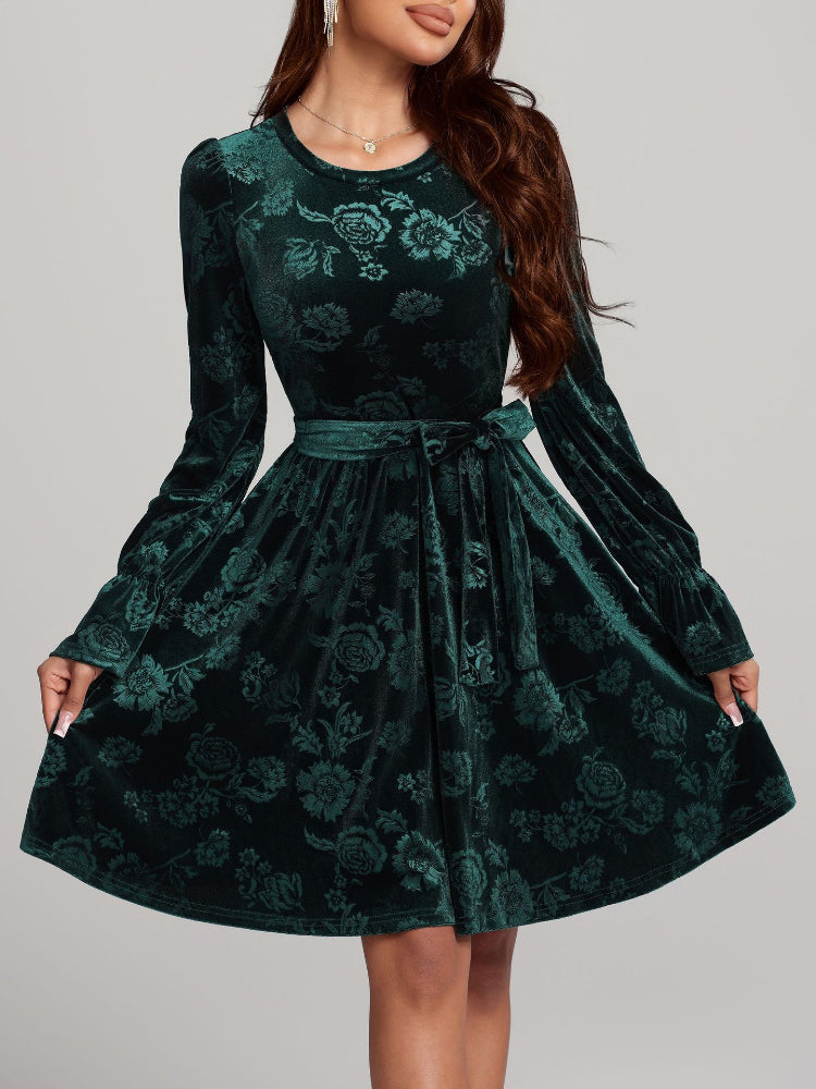 Green Velvet Print Long Sleeve Dress