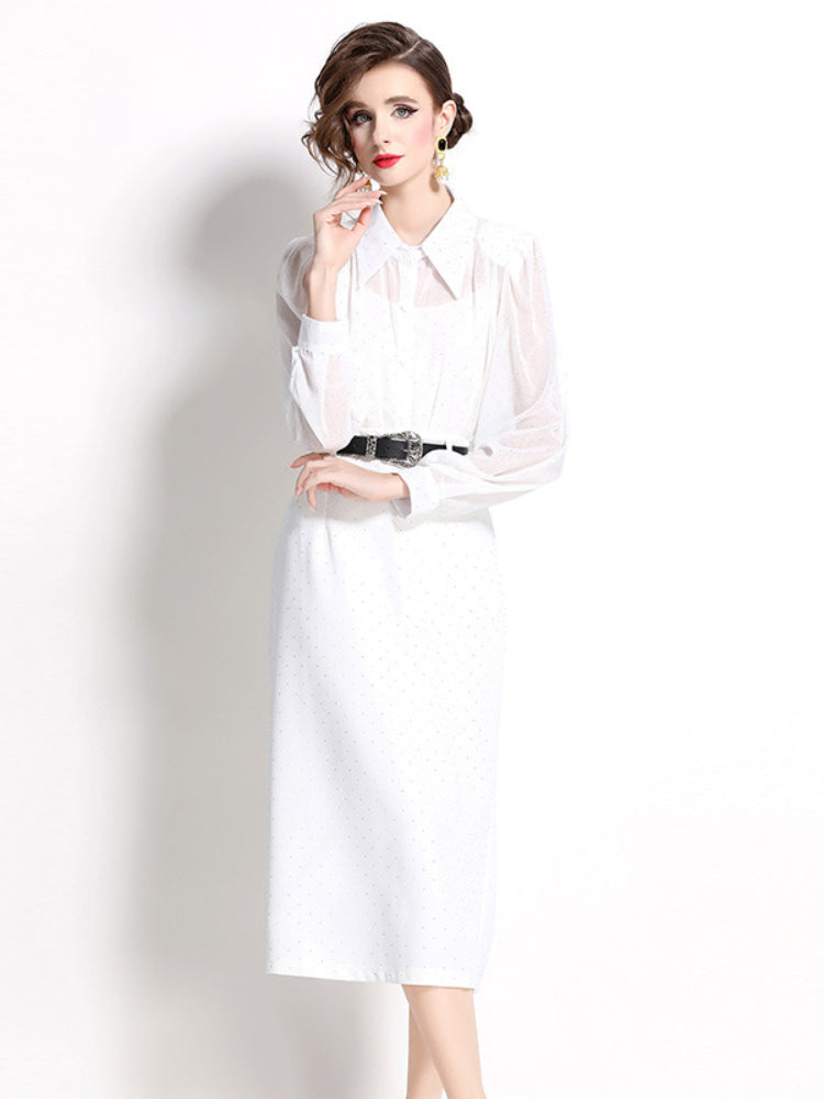 Bubble Sleeve Hot Diamond Shirt + High Waist Skirt Set