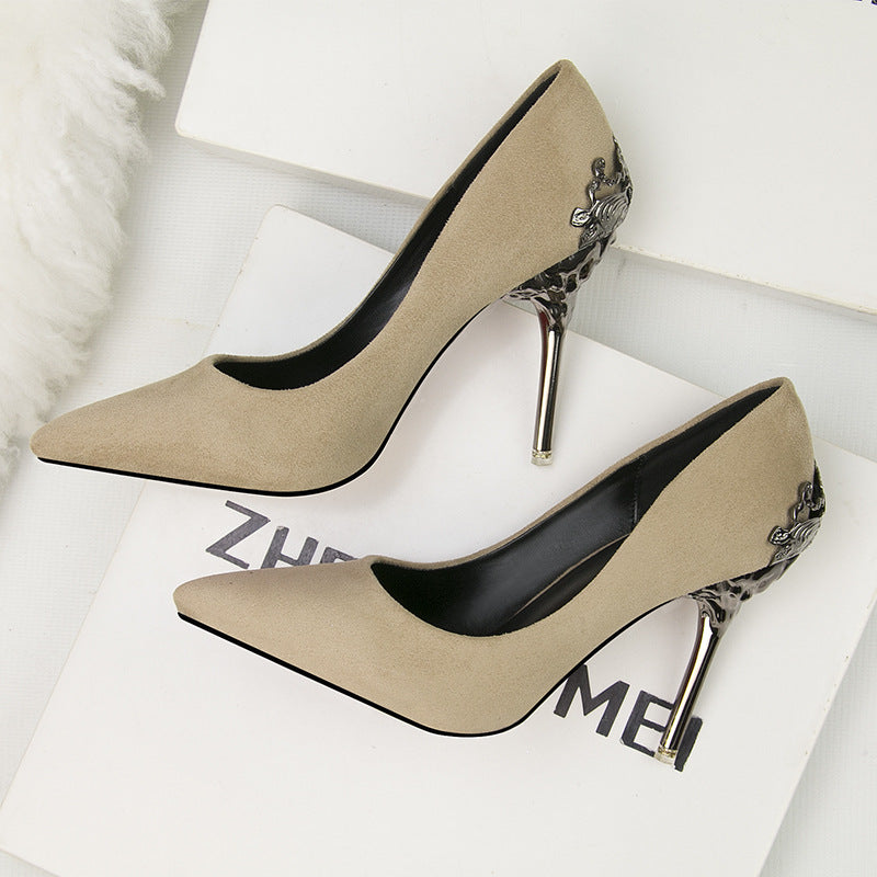 Metal hollow suede pointed heels