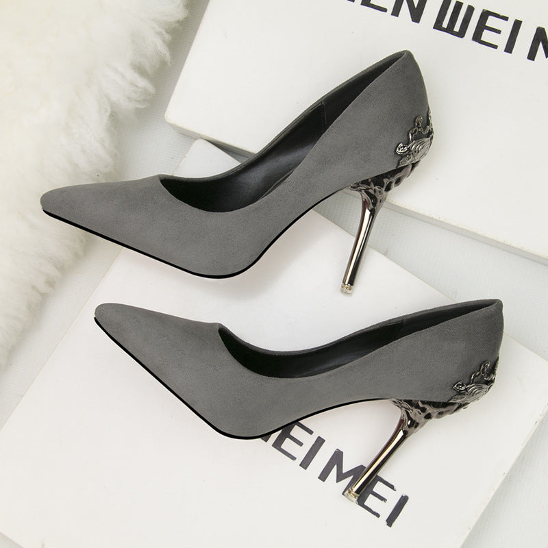 Metal hollow suede pointed heels