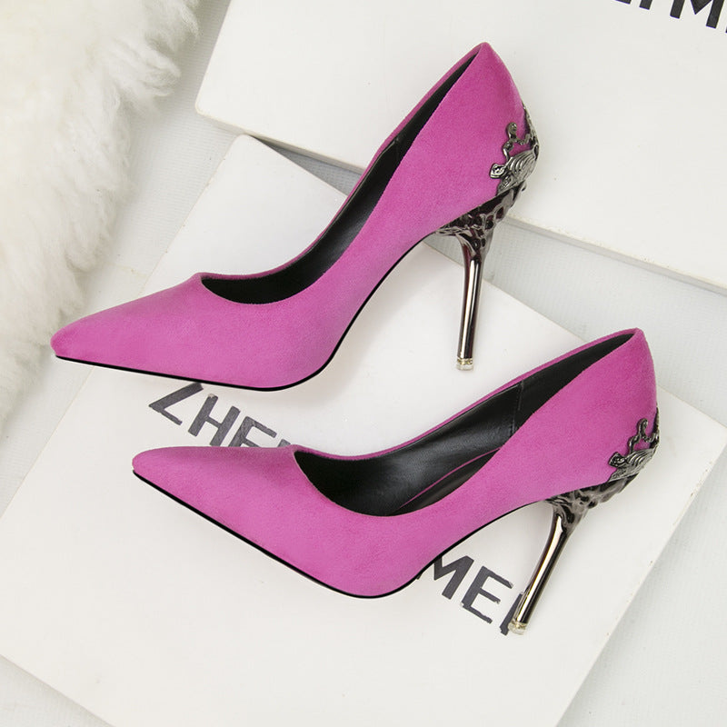 Metal hollow suede pointed heels