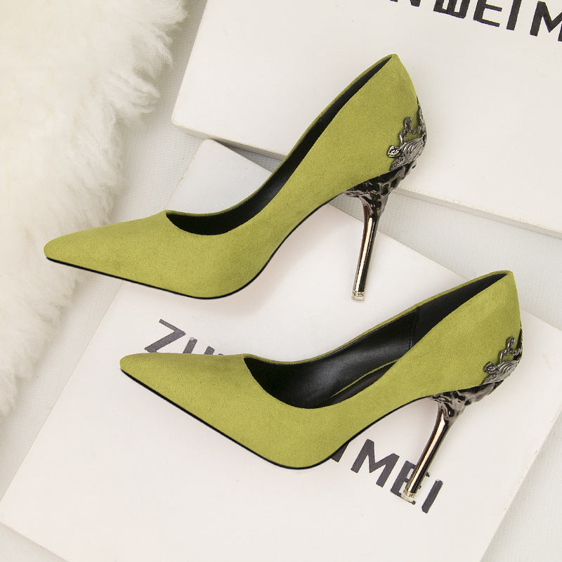 Metal hollow suede pointed heels