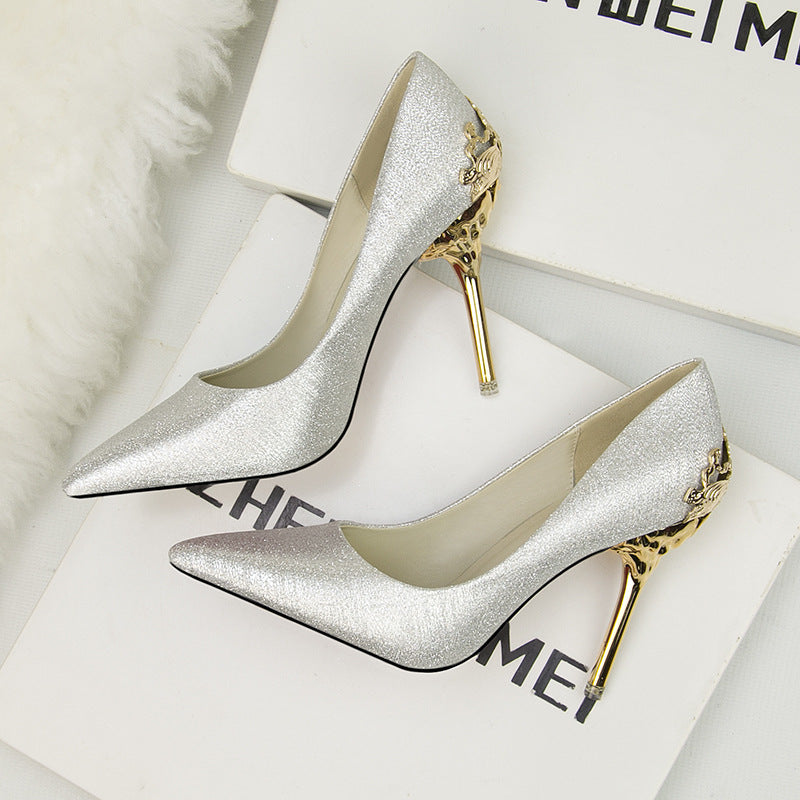 Metal hollow suede pointed heels