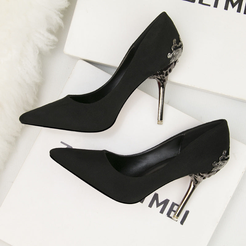 Metal hollow suede pointed heels