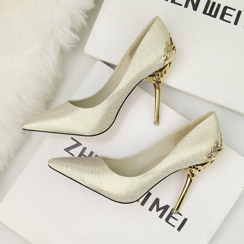 Metal hollow suede pointed heels