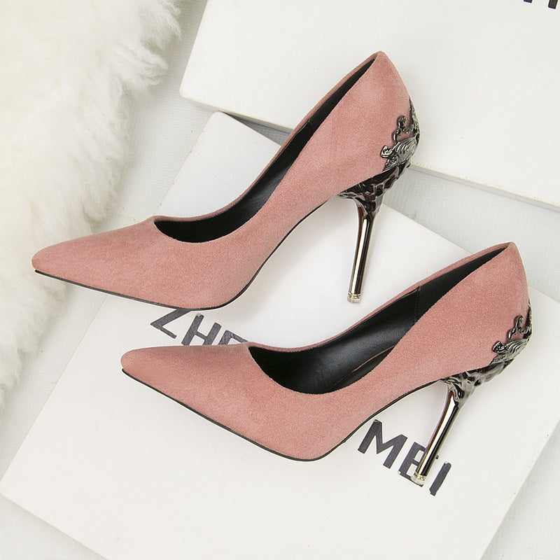 Metal hollow suede pointed heels