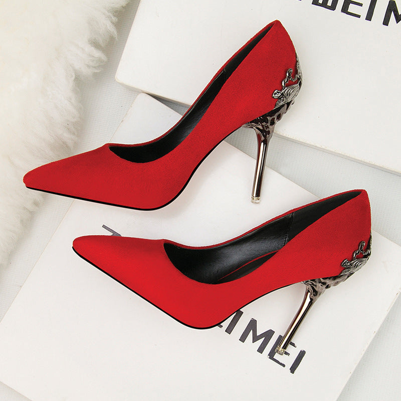 Metal hollow suede pointed heels