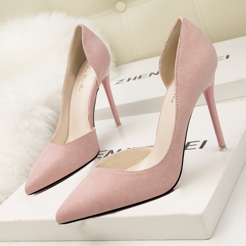 Simple suede hollow pointed high heels