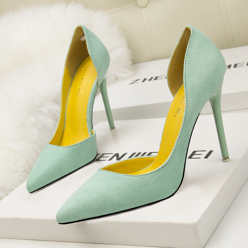 Simple suede hollow pointed high heels