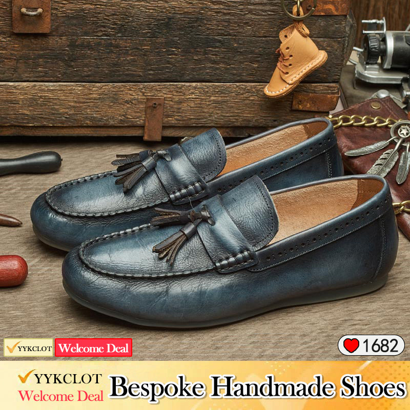 Blue genuine leather flat-bottomed men's loafers