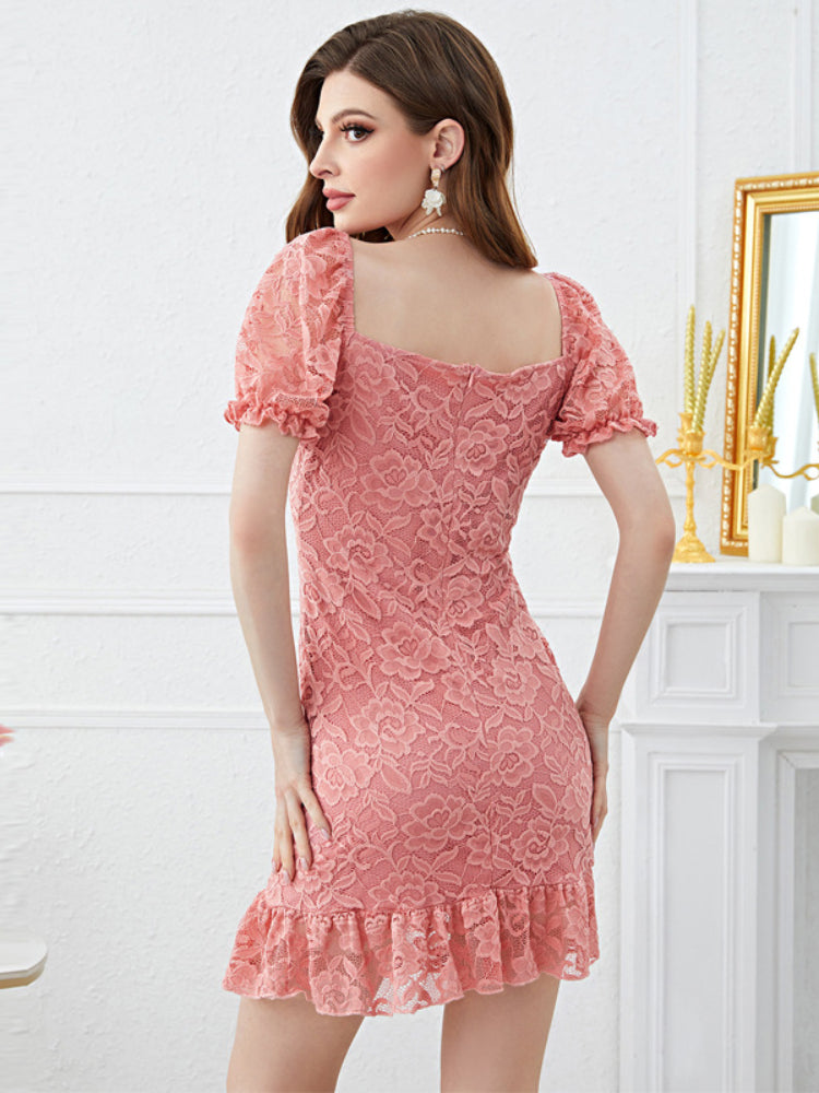 Pink lace embroidered square neck dress in stock