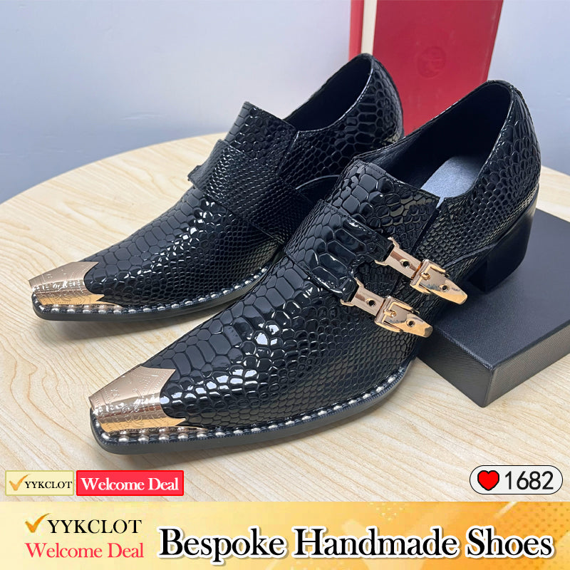 Black snake skin gold buckle men's high-heeled dress shoes