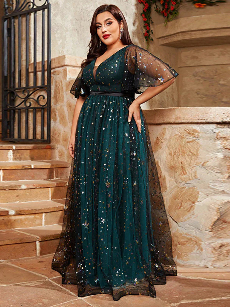 Large Size Sequin Embroidered V-Neck Bubble Sleeve Dress