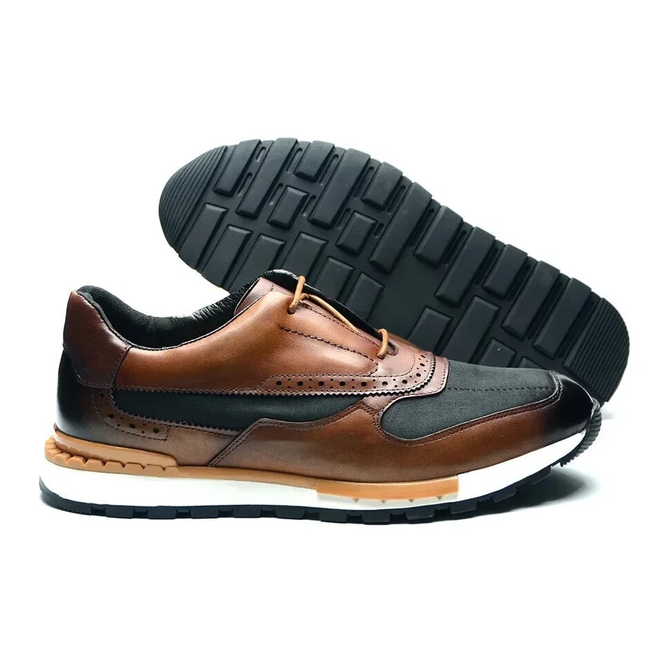 Brown leather patchwork sneaker shoes Men's Brock