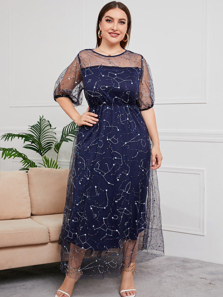 French plus size mesh embroidered dress