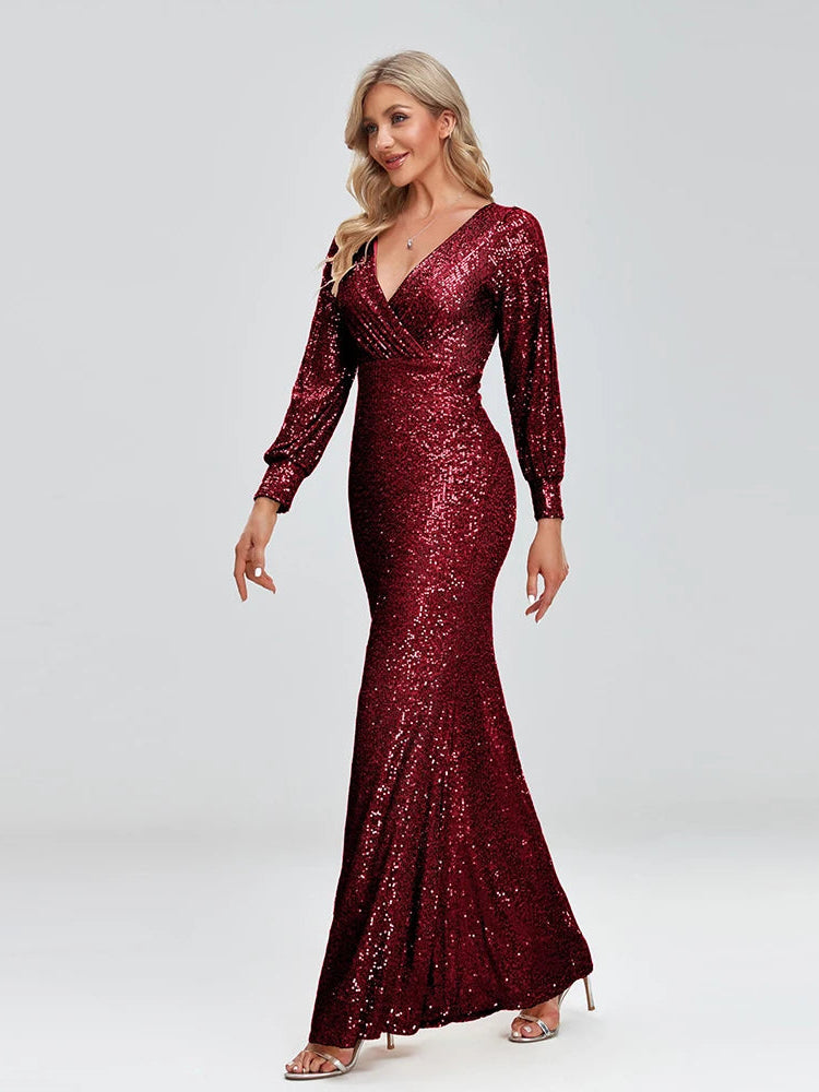 Long Sleeve V-Neck Sequin Fishtail Dress