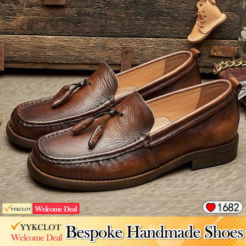 Brown genuine leather flat-bottomed men's loafers