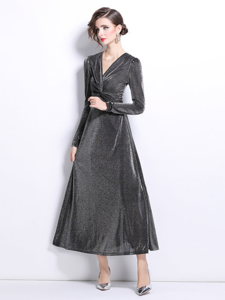 Niche velvet temperament waist long-sleeved dress