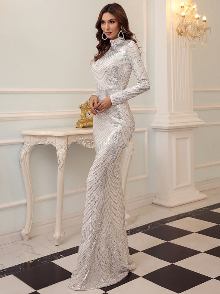 Silver glitter slim fit fishtail long sleeved dress