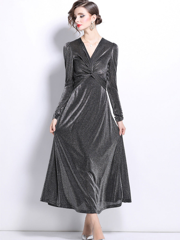 Niche velvet temperament waist long-sleeved dress