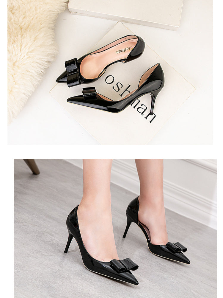 Bow Hollow Patent Leather Pointed Heels