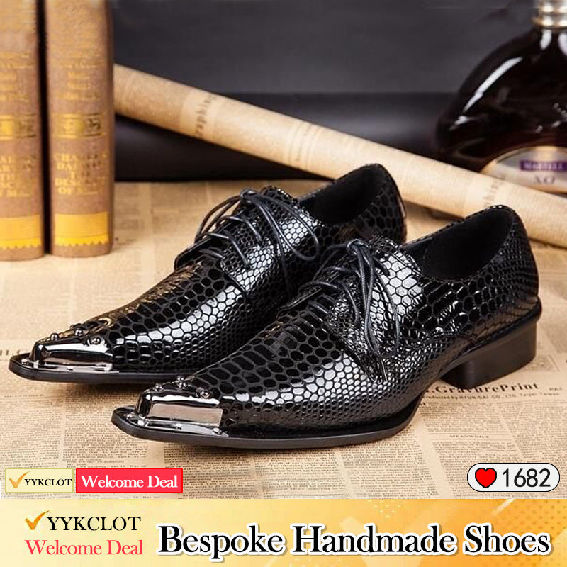 Black leather pointed lace-up men's dress shoes