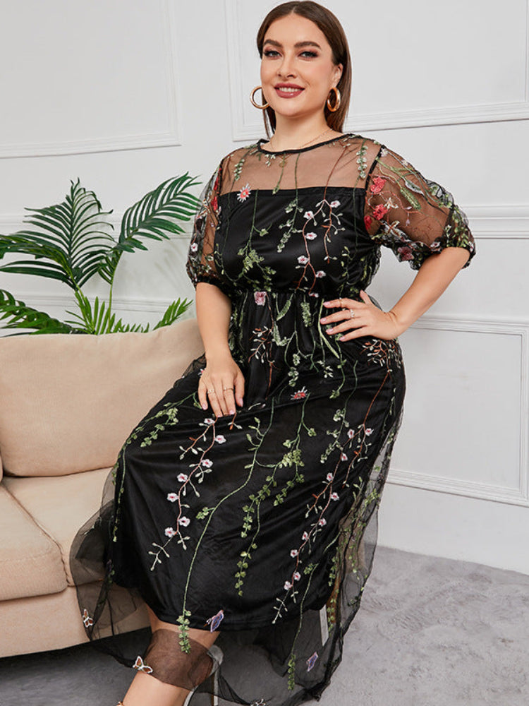 French plus size mesh embroidered dress