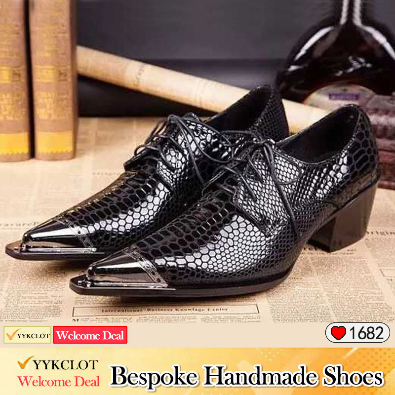 Black leather pointed lace-up men's dress shoes