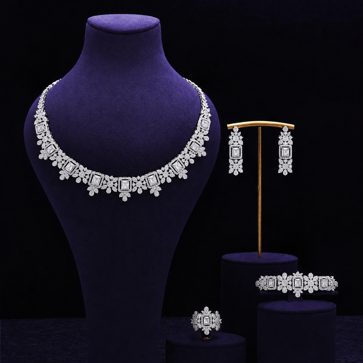 Luxury Purple Crystal Floral Jewelry Set – Necklace Earrings Bracelet Ring for Women