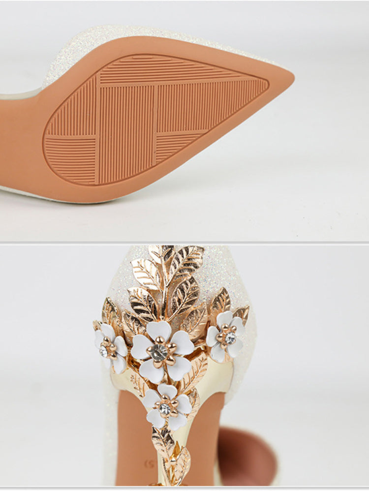 Pointed metal flower side engraved high heels