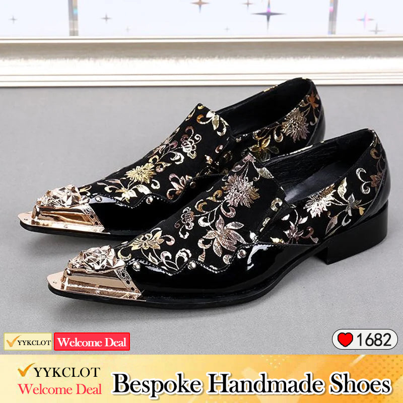 Black embroidered printed pointed dress shoes Men's dress shoes