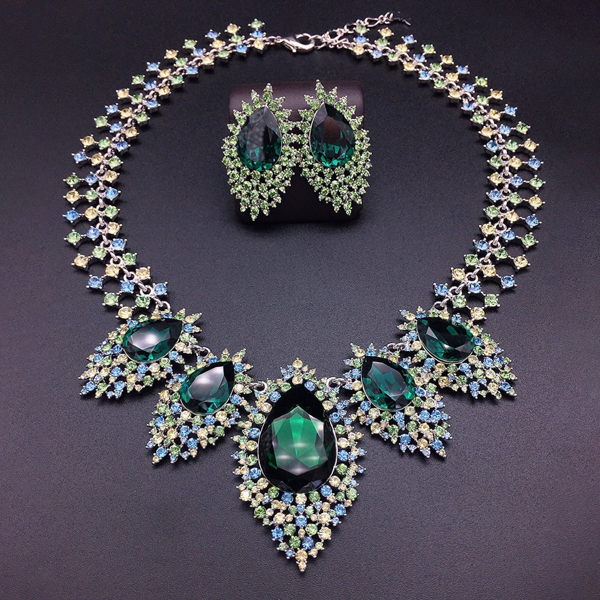 Parure de bijoux élégante Collier goutte en cristal bleu roi