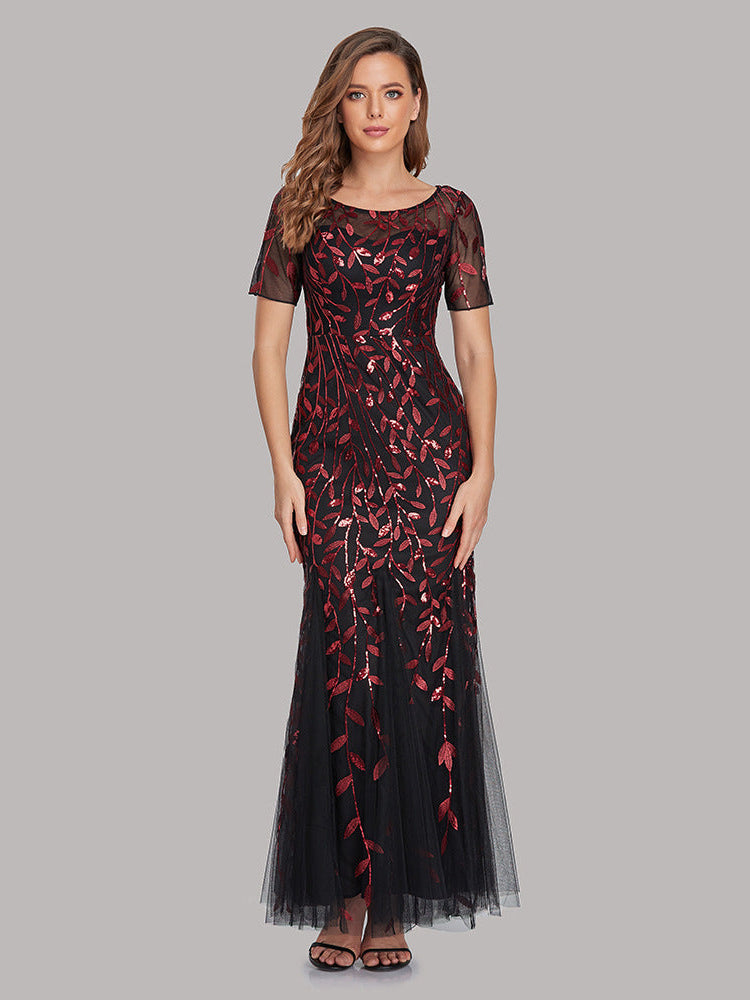 Lace sequin embroidered V-neck dress