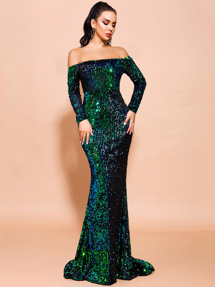 Sexy tube top one-word shoulder long-sleeved sequin dress