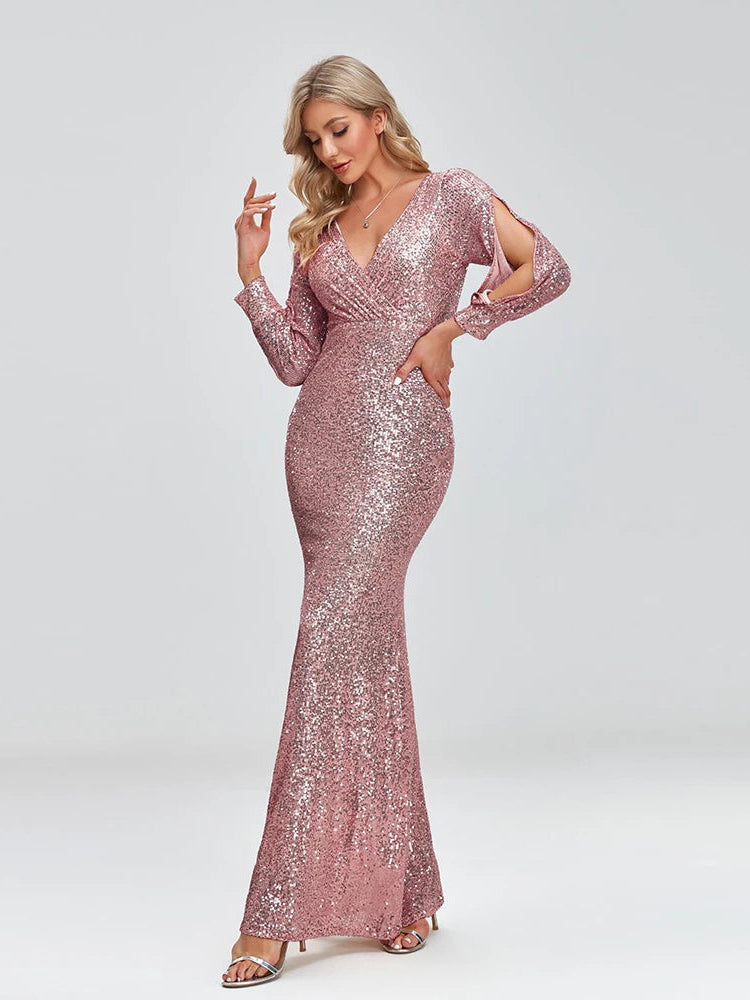 Long Sleeve V-Neck Sequin Fishtail Dress